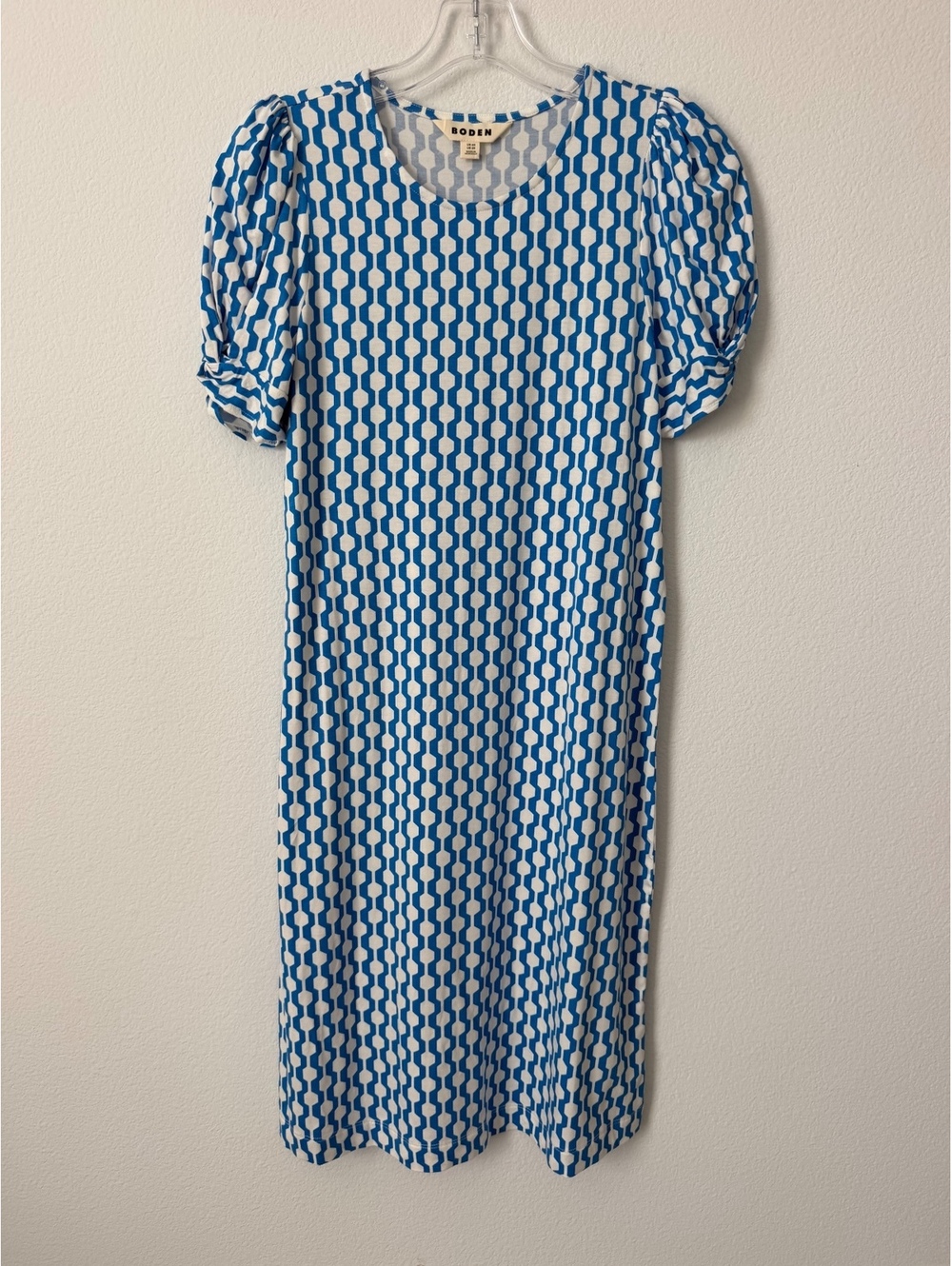 BODEN Short Sleeve Round Neck Blue/White Geo Stretch T-Shirt Dress Size 2